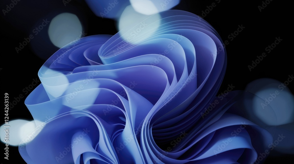 Poster abstract blue waves design, elegant and flowing, with bokeh lights in the background.