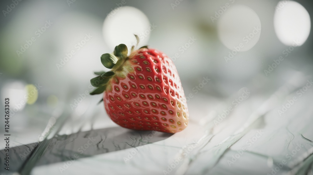 Poster A single, ripe strawberry rests on a subtly textured surface, bathed in soft, diffused light.