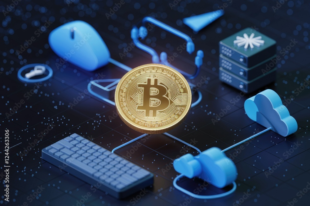 Aufkleber Bitcoin cryptocurrency network visualized with cloud computing, servers, and peripherals.