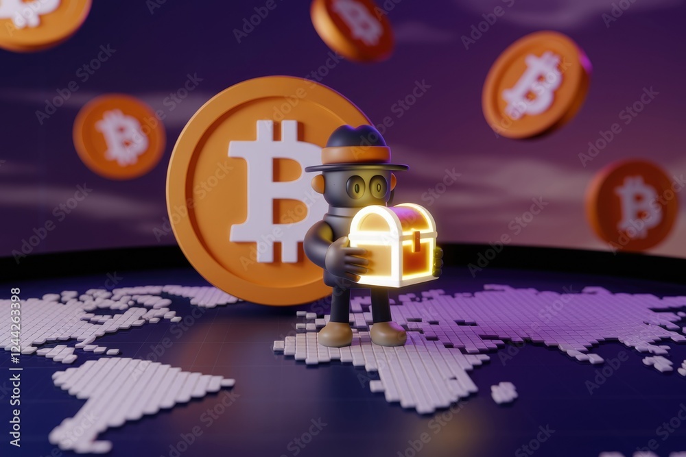 Poster a 3d robot holds a glowing treasure chest on a world map with bitcoin symbols floating around, symbo