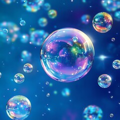 Soap bubbles with colorful bokeh on a blue background.