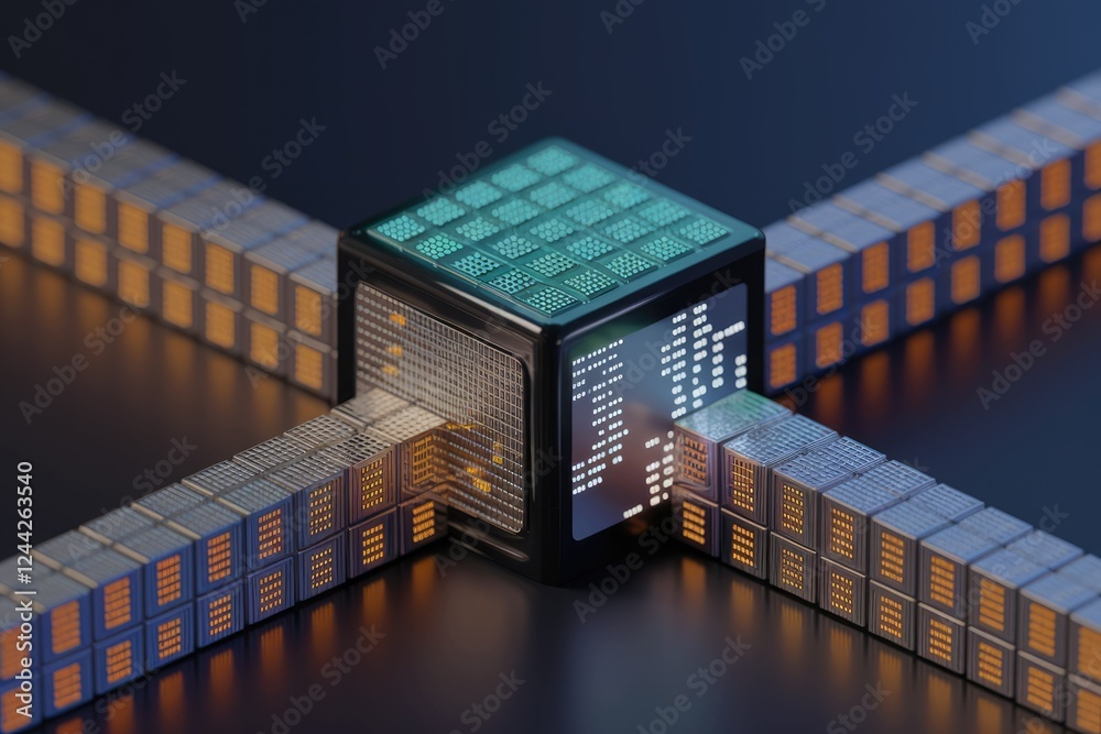Poster Centralized data processing unit connected to four distributed storage arrays, showcasing modern data infrastructure.