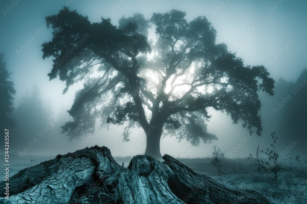 Poster enormous ancient oak tree shrouded in ethereal mist, a fallen log in the foreground.