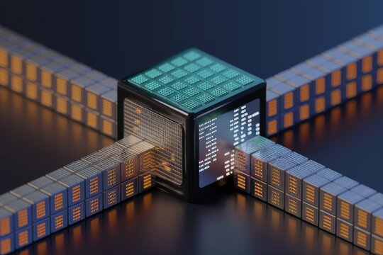 Centralized data processing unit connected to four distributed storage arrays, showcasing modern data infrastructure.