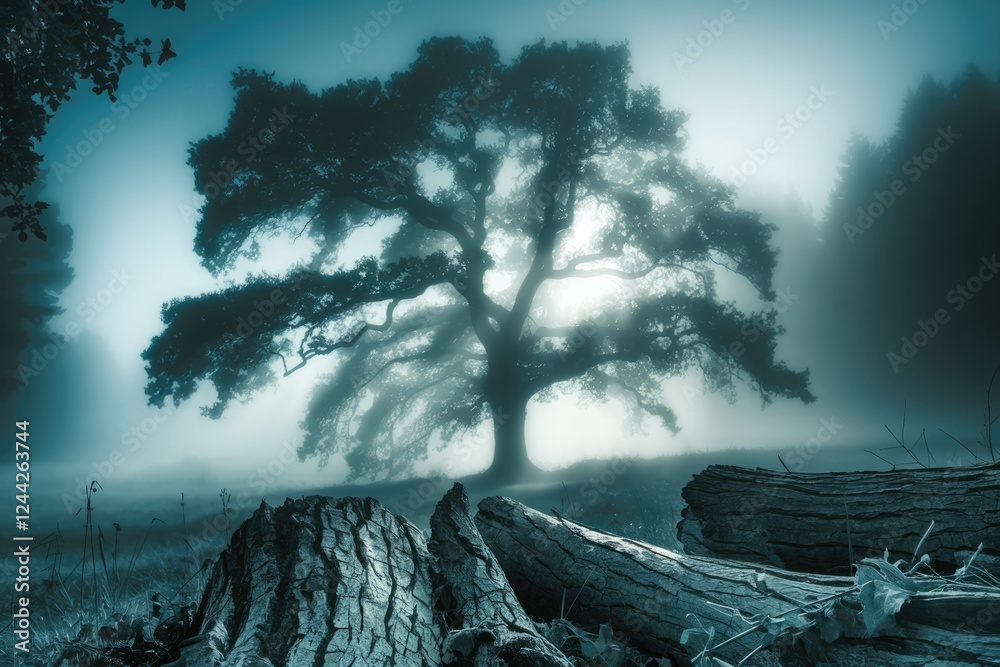 Poster enigmatic oak tree shrouded in mist, ancient logs in the foreground, ethereal atmosphere.