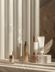 A serene arrangement of skincare products on a textured surface with soft lighting.