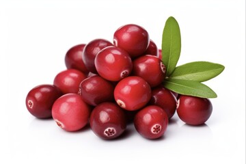 Closeup Heap of Fresh Cranberries with Leaves Isolated on White Background. A Pile of Ripe Red Cranberries with Green Leaves