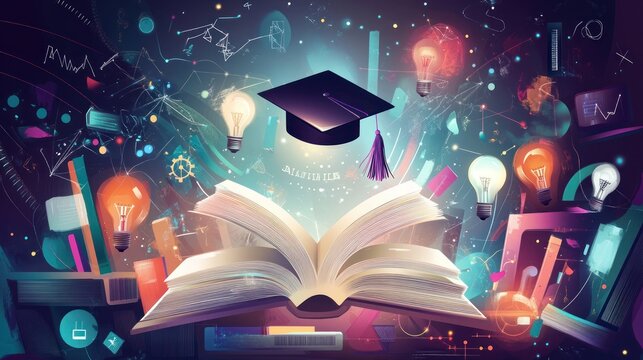 Graduation cap over open book, with light bulb ideas; concepts, learning, education, research, stock photo use