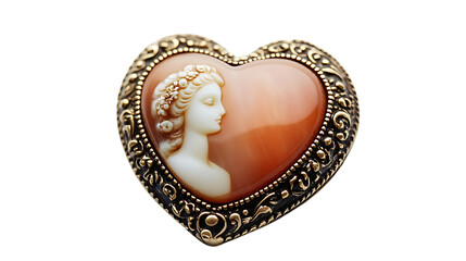 Naklejka premium A heart-shaped brooch with a vintage cameo design, isolated on white background in HD
