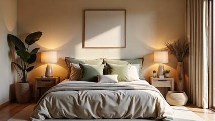 A warm, inviting bedroom with a plush bed, soft lighting, and earthy tones, creating a serene atmosphere