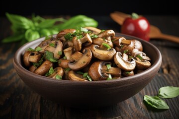 Fototapeta premium Closeup of Delicious Cooked Mushrooms with Basil Served on Brown Board