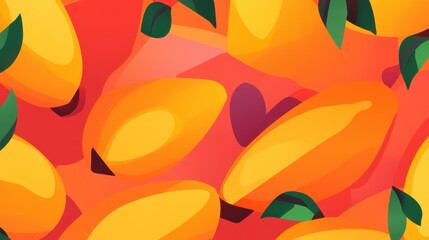 A vibrant and colorful abstract art piece showcasing a collection of mangoes with leaves.  A perfect visual representation of a tropical fruit pattern, ideal for home decor or as a print.