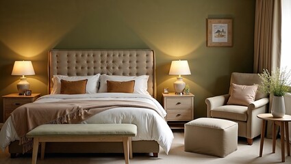 Fototapeta premium A warm, inviting bedroom with a plush bed, soft lighting, and earthy tones, creating a serene atmosphere