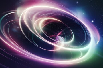 Naklejka premium Abstract cosmic swirl with vibrant, glowing light trails and nebula effects in a dark space.