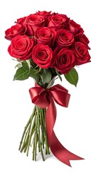 A stunning bouquet of red roses, tied elegantly with a silk ribbon, isolated on a transparent background,