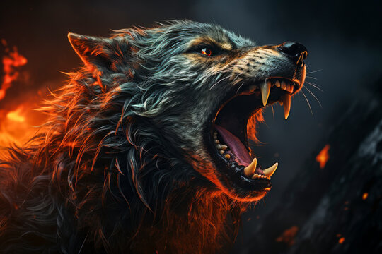 Br&uuml;llender Werwolf in einer Mondnacht, Mhytologie, Horror, Generative AI