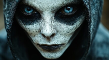 A woman with blue eyes and a white face with black paint on it