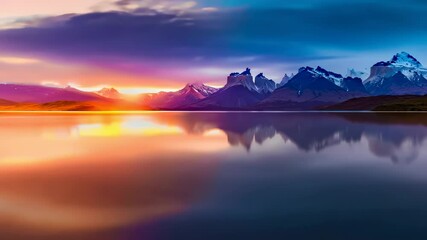 Sunrise illuminating torres del paine and its reflection on a lake
