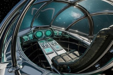 Futuristic spaceship cockpit interior with sleek design, offering stunning views of a star-filled space.