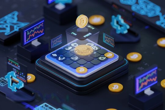 Cryptocurrency trading platform with charts, digital coins and various financial indicators displayed on the interface.