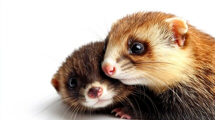 Two Brown Ferrets Interacting Close Up on White Background