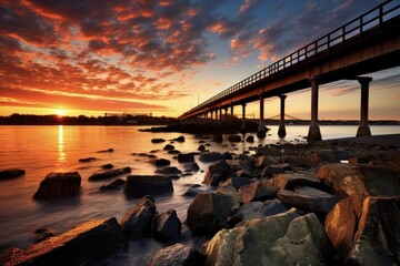 Coastal Beauty of Bristol, Rhode Island: A Captivating Sunset Landscape with Ocean, Beach, Bridge, Rocks, and Pier (3:2 Aspect Ratio)