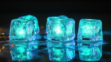 Illuminated Ice Cubes Glowing with Bright Blue LED Light Effect