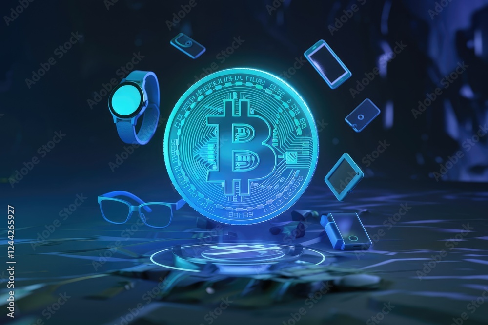Poster futuristic digital bitcoin coin surrounded by smart devices, illustrating cryptocurrency's integrati