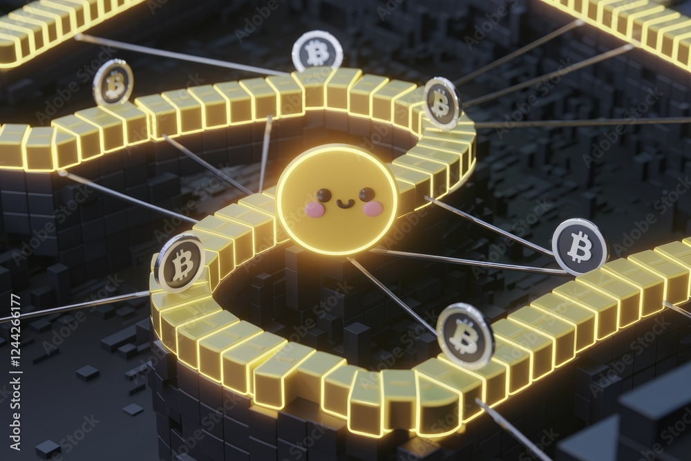 Aufkleber happy bitcoin network visualized as a glowing path with connected coins, symbolizing seamless transa