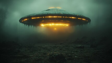 Obraz premium A large, yellow UFO is hovering over a desolate landscape