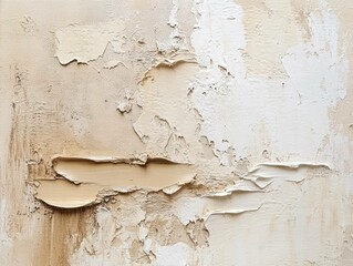 Abstract Wall Texture: A close-up shot of a distressed wall surface, revealing layers of peeling paint and exposed plaster in shades of beige and white.