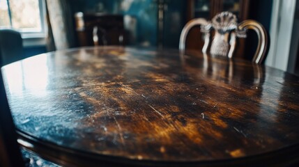 Obraz premium Antique wooden table close-up vintage home furniture detail indoor artistic perspective