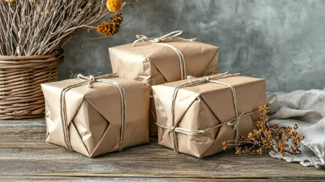 Rustic gift boxes and dried flowers on wooden table