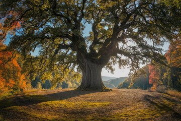 Fototapeta premium Majestic ancient oak tree stands tall in autumnal landscape, its branches reaching towards the sunlight.