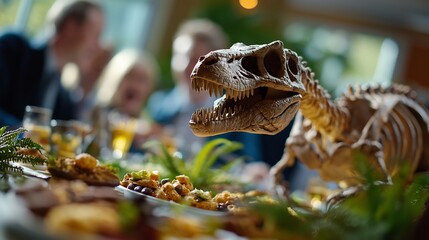 Obraz premium Tyrannosaurus Rex Fossil Skeleton at a Family Dinner Table