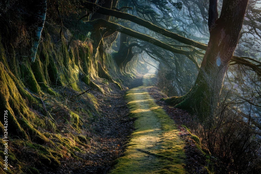 Poster Sunlit path through a mystical mossy forest, ancient trees arching overhead.