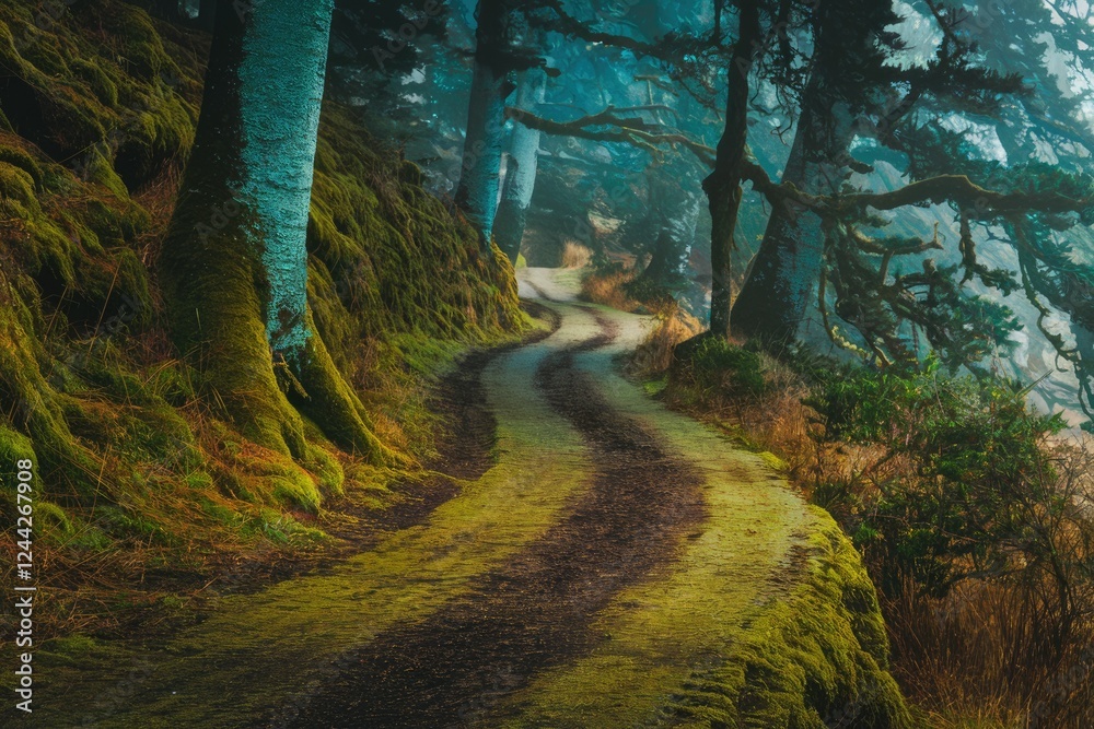 Poster a winding path through a mossy, mystical forest, sunlight filtering through the ancient trees.