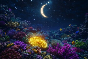 Fototapeta premium A serene coral reef glowing with vivid sea life under the crescent moon and a bright, starry sky.