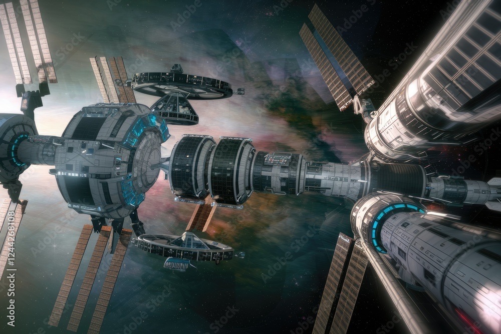 Poster futuristic space station complex orbiting earth, showcasing advanced technology and modular design.