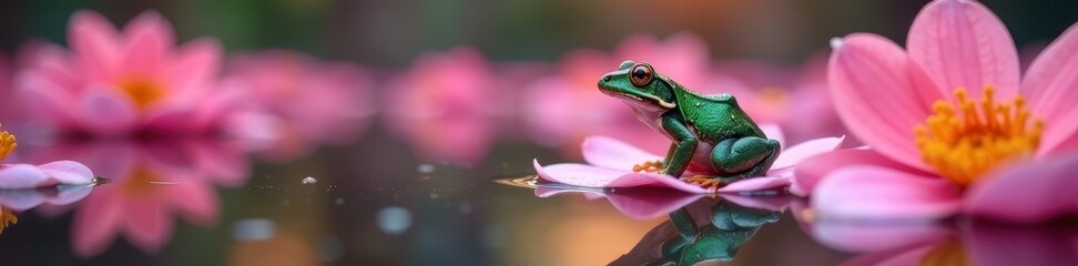 Fototapeta premium Peacock Tree Frog on Pink Gerbera Petals in Water Reflection Pool, water reflection, blue, green