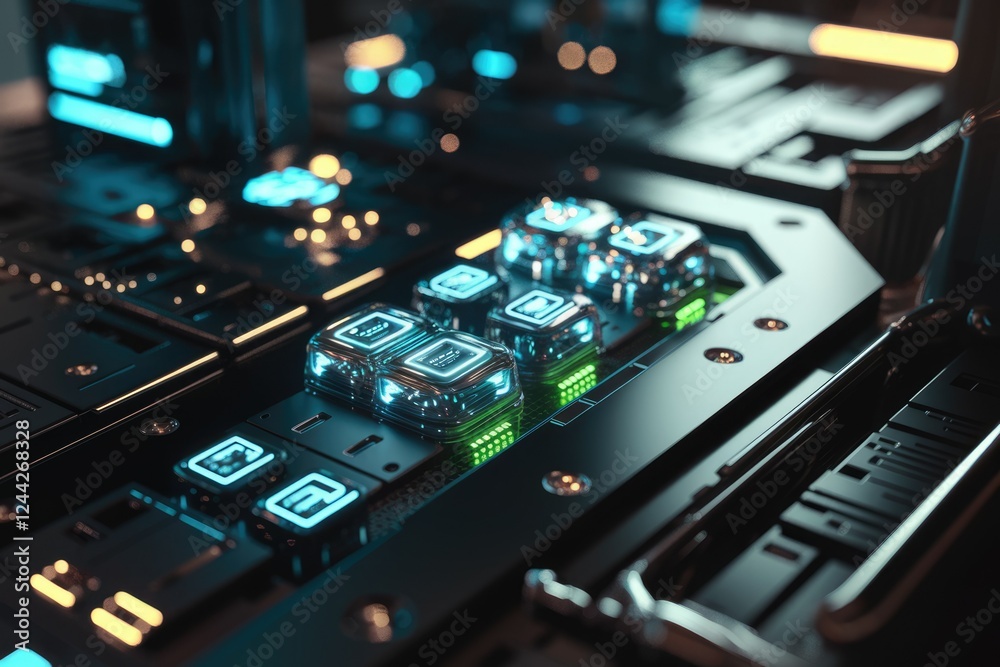 Poster futuristic technology concept: close-up of a sleek, illuminated circuit board with glowing component