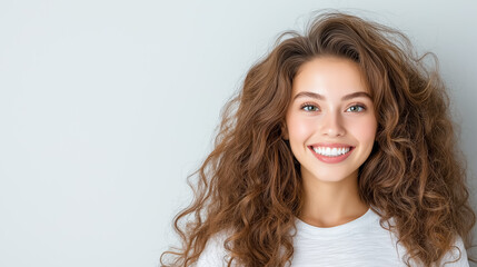 Fototapeta premium Smiling young woman with curly hair in light outfit against soft background