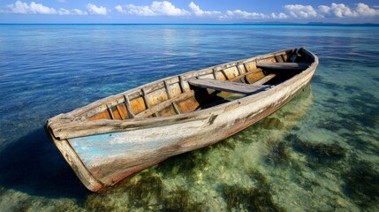 Fototapeta premium Tranquil Wooden Boat in Crystal Clear Coastal Water: A Timeless Coastal Scene