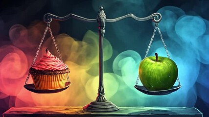 This scale balances a colorful cupcake and a fresh green apple, highlighting choices. - Powered by Adobe
