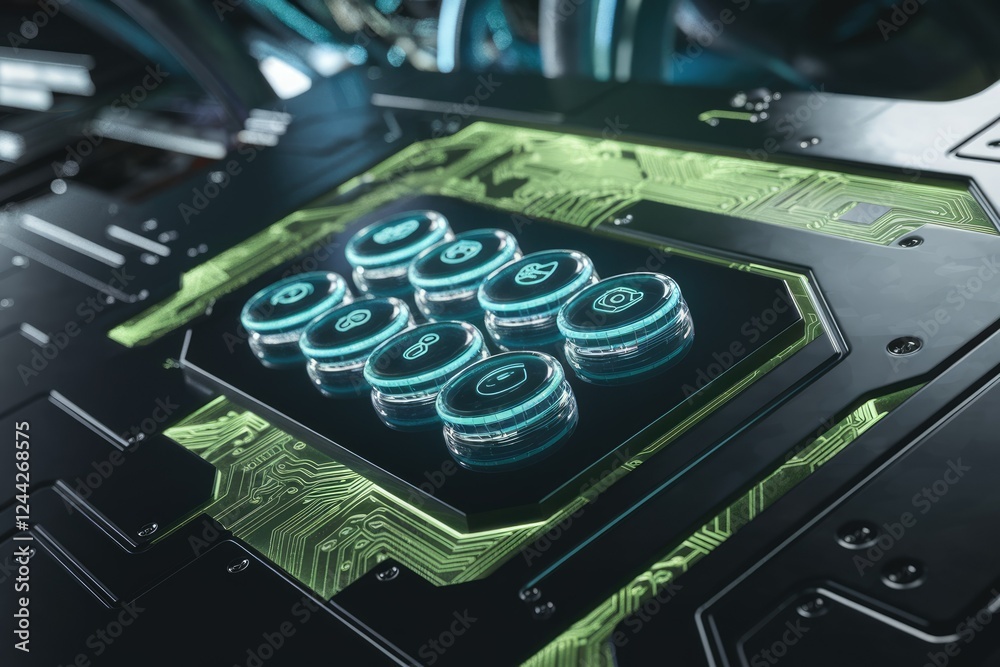 Aufkleber Futuristic technology interface with glowing circular buttons displaying various icons on a circuit board.