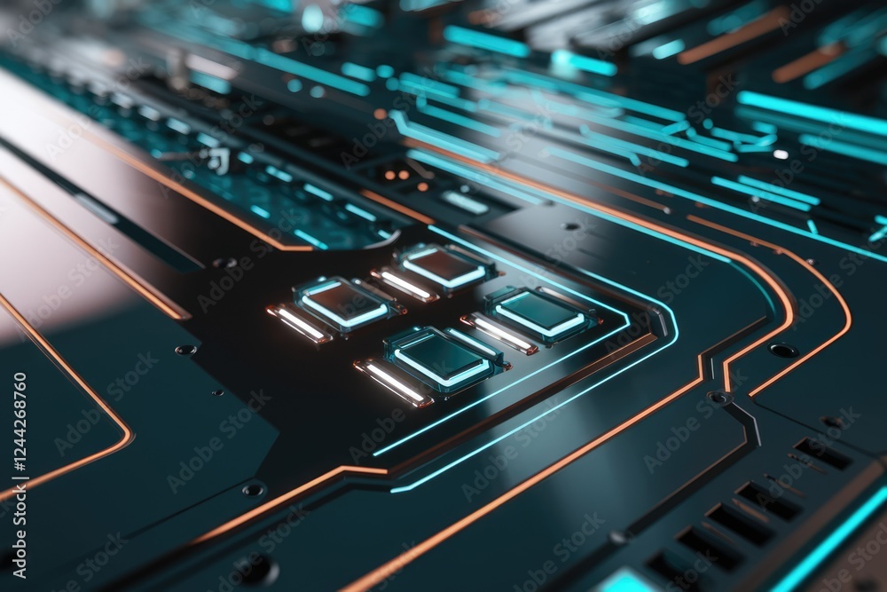 Poster abstract futuristic technology background with glowing neon lines and circuit board elements.