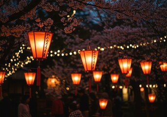 A serene evening scene set in a Japanese garden, featuring paper lanterns emitting soft, warm glowing lights.