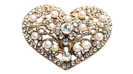 A heart-shaped brooch with crystals and pearls, isolated on white background in HD