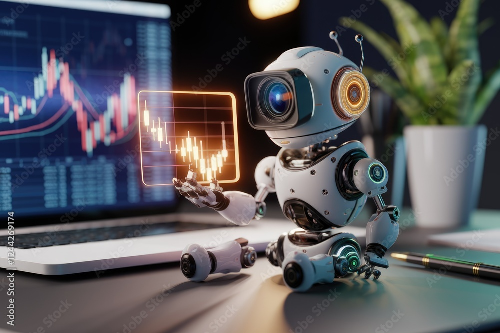 Poster A robot analyzes stock market data displayed on a laptop screen, showcasing AI-driven financial analysis.
