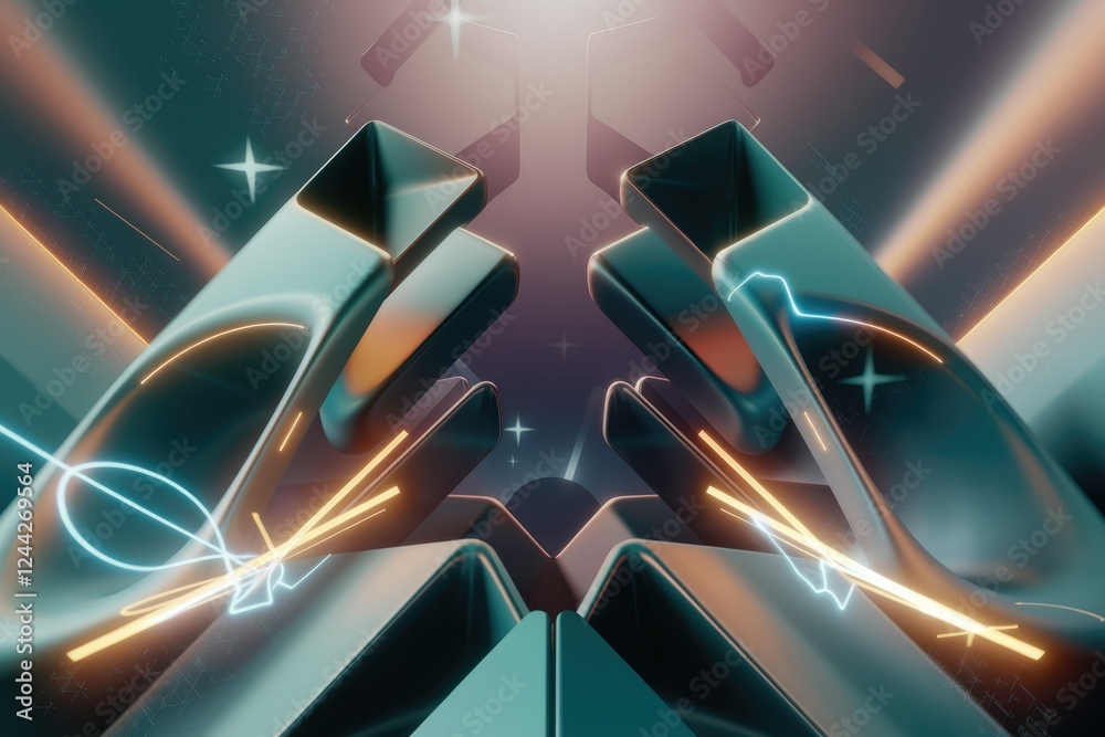 Poster Abstract 3D render of teal and orange geometric shapes with neon lights, creating a futuristic and symmetrical design.